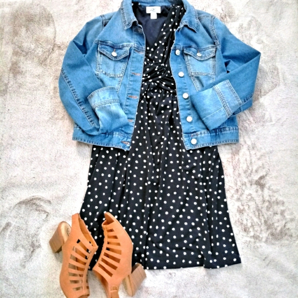 LOFT Petite Women's Polka Dot Navy Dress 2P